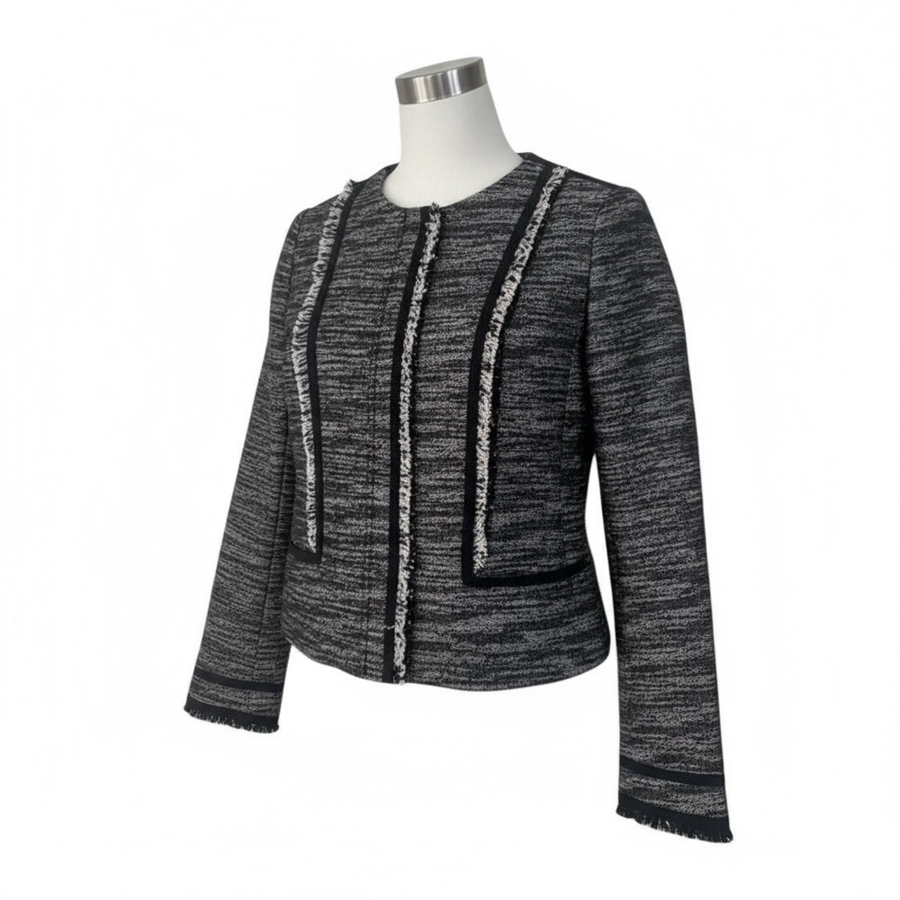 Vince Blazer Jacket Size 0 Boucle Tweed Black Gray Leather Trim Interview Outfit